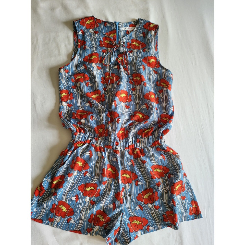 Joy Joy Women Blue Red Poppy Floral Lace Up Sleeveless Romper Size M